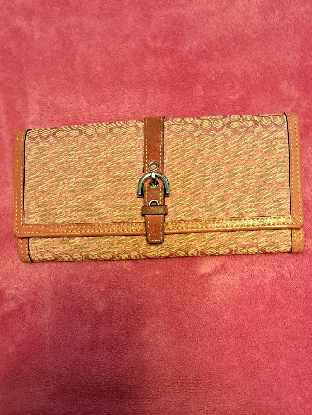 Coach Tan Signature Jacquard Wallet with Buckle Accent
